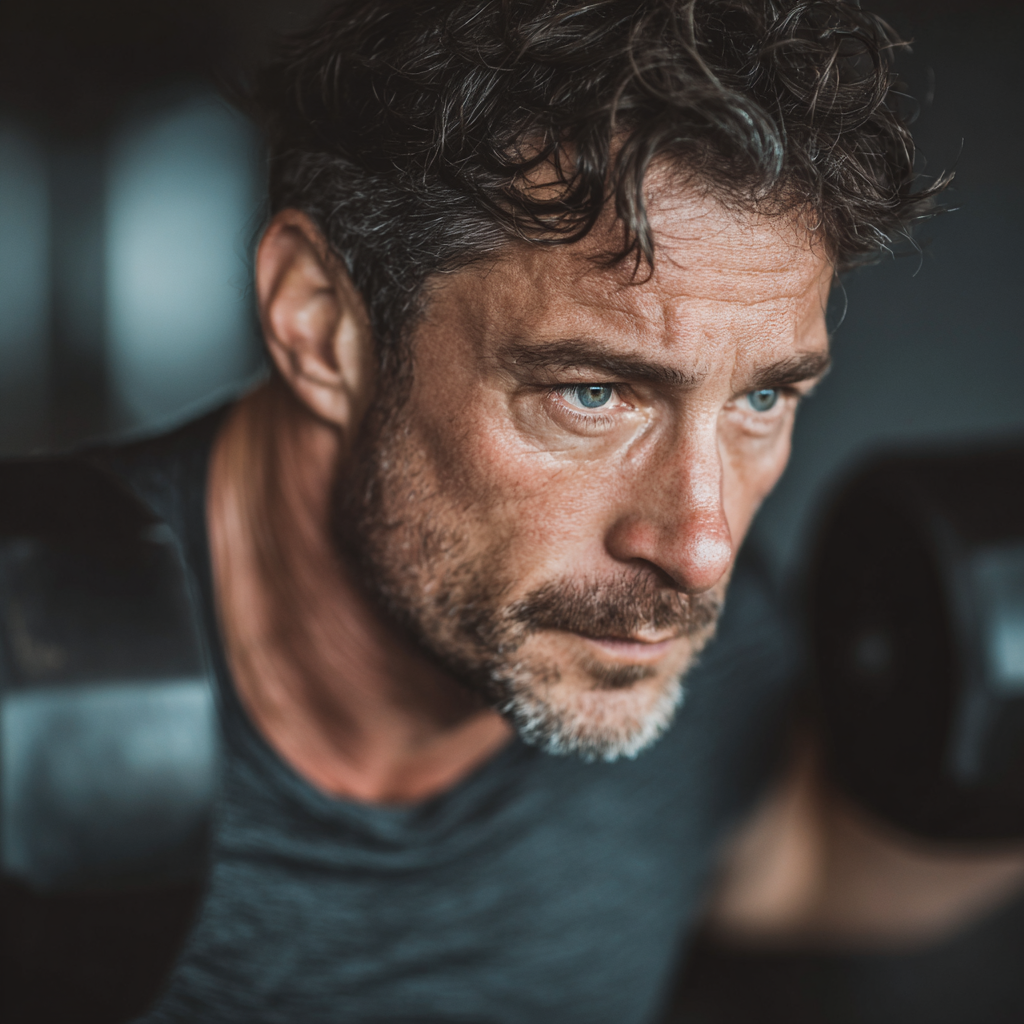 Determined man in his early 50s performing strength training exercises with proper form in a well-equipped gym, showing focus and dedication